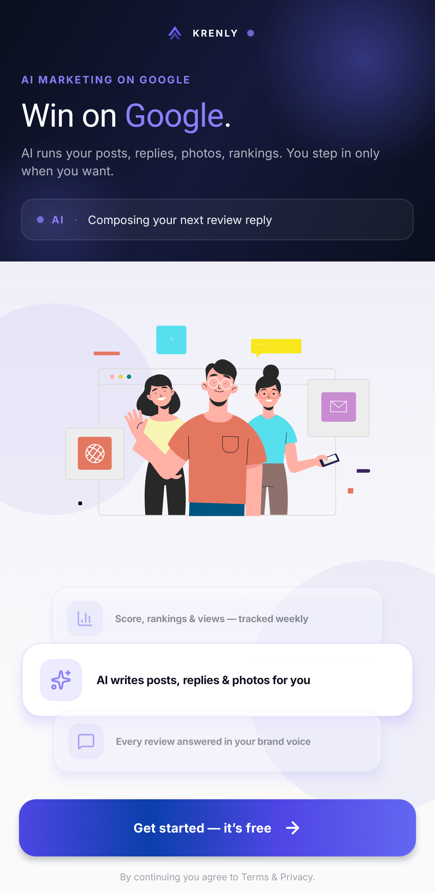 Krenly app — 'Win on Google' onboarding: AI runs your posts, replies, photos and rankings